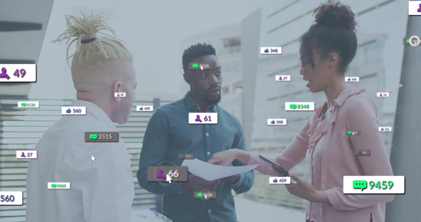 Team reviewing docs and gesturing at tablet while floating social media metrics boosting engagement