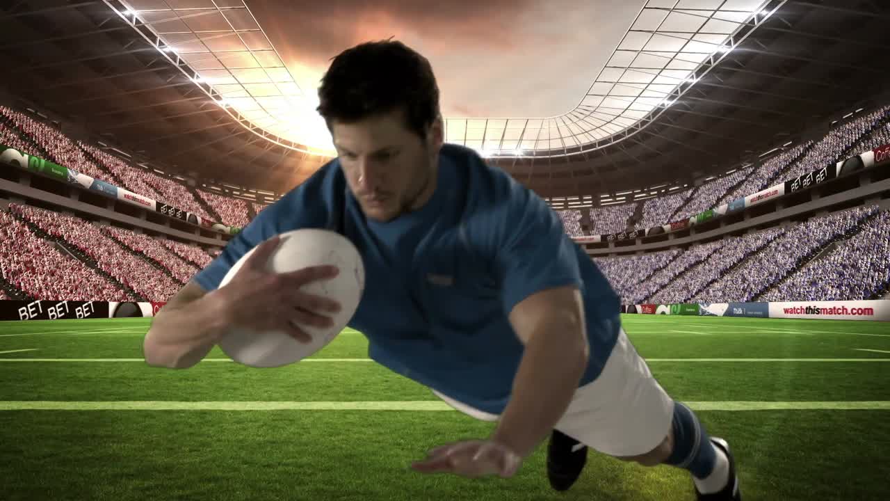 심각한 럭비 선수가 시도를 기록하고 있습니다.