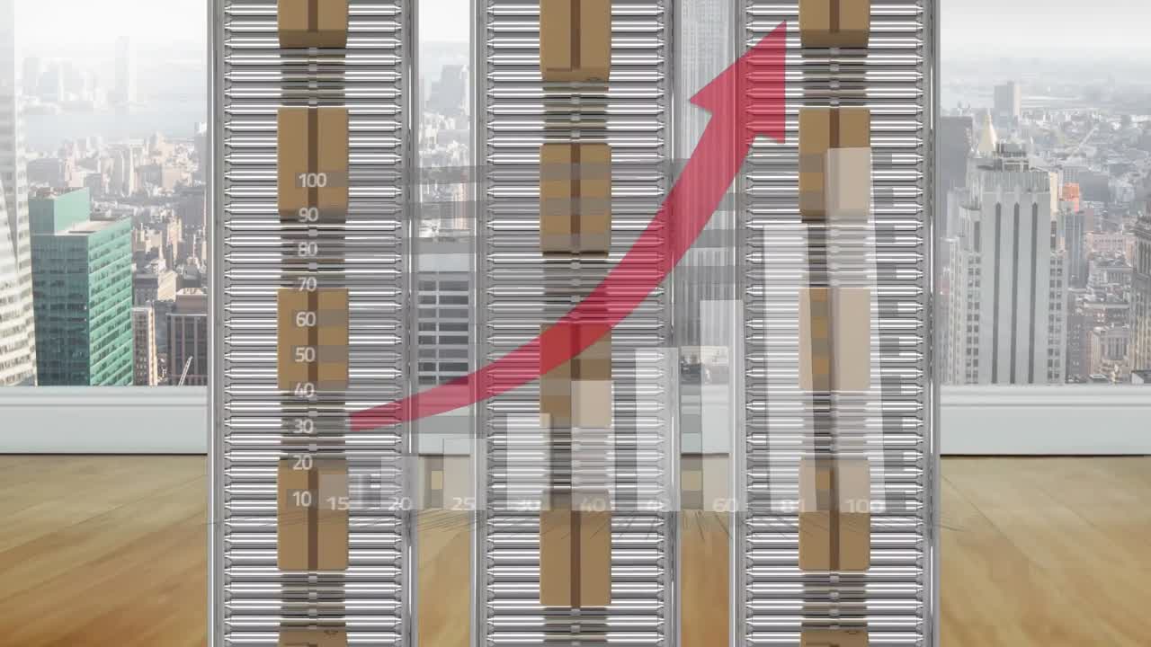 컨베이어 벨트에 있는 카드보드 상자 위에  ⁇ 은 화살표로 통계 처리의 애니메이션