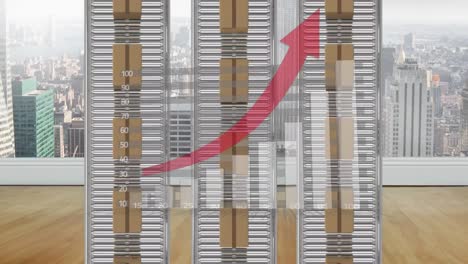 animación del procesamiento de estadísticas con flecha roja sobre cajas de cartón en cintas transportadoras