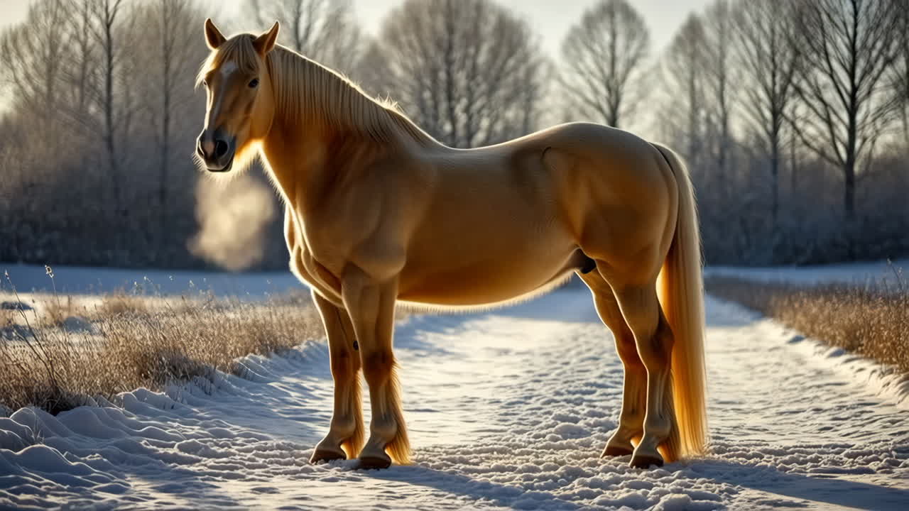 Palomino Horse on a Snowy Winter Path