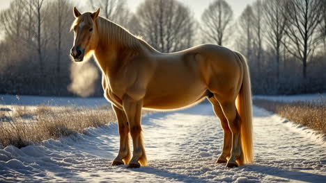 palomino horse on a snowy winter path