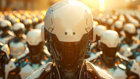un robot de pie frente a un gran grupo de robots