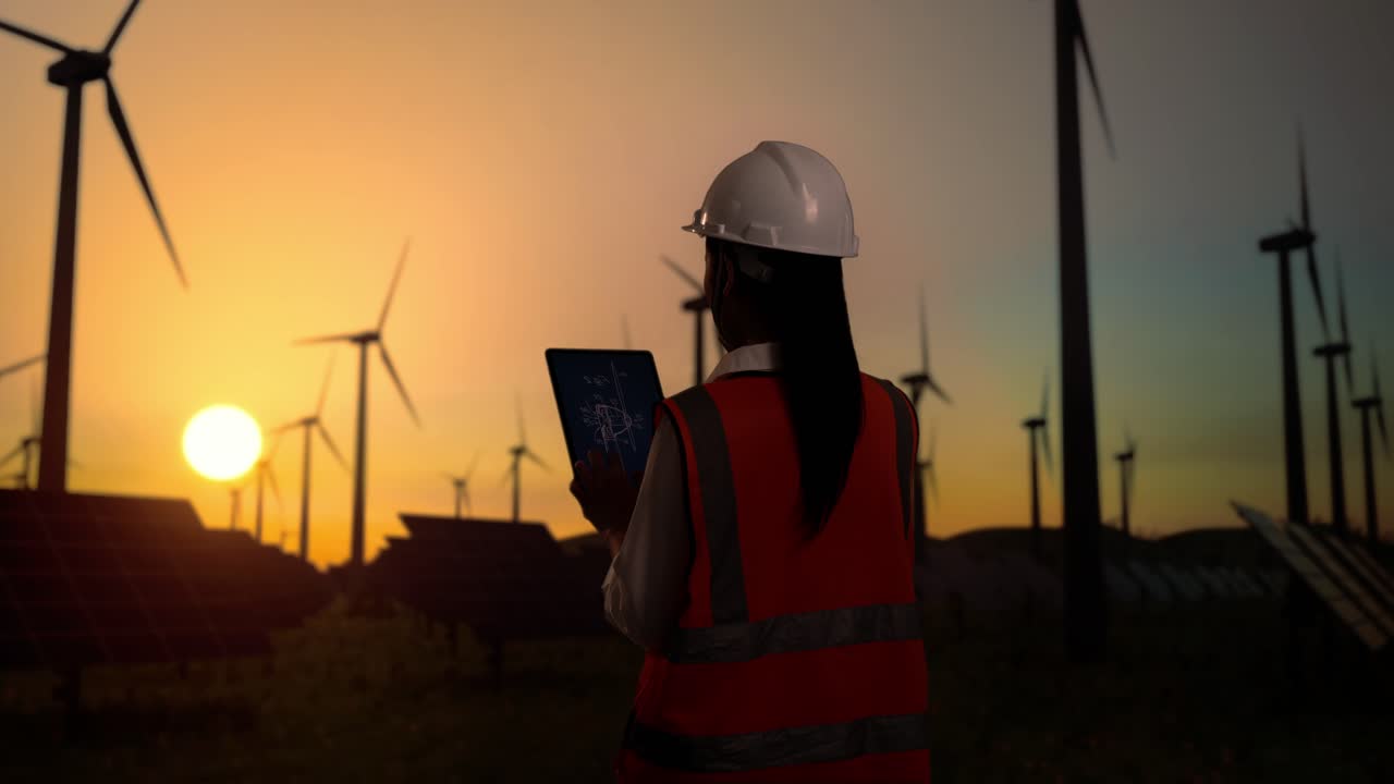 vista trasera de una ingeniera asiática con casco de pie frente a las turbinas eólicas que giran al atardecer, mirando el plano de la turbina eólica en la tableta