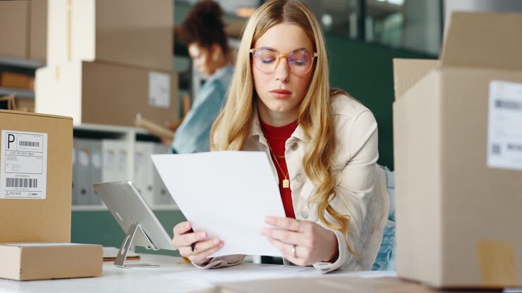 Woman prepares packages for shipping in her small business
