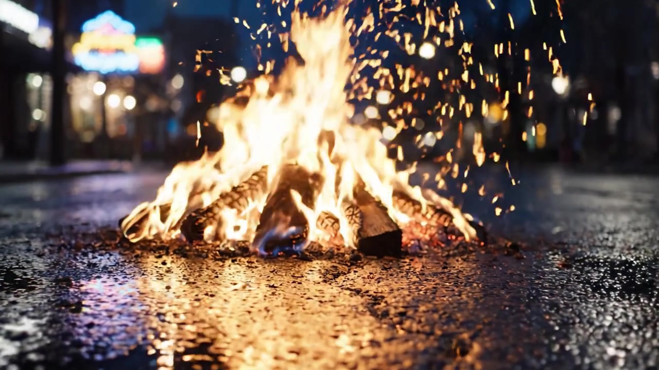 Et fascinerende skue af flammende flammer midt i en regnfuld gadescene, der viser kontrasten mellem levende ild og glinsende våd asfalt i byens natteliv