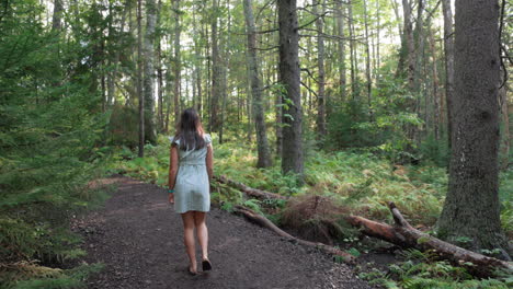 Una-Chica-De-Cabello-Negro-Con-Un-Vestido-Casual-Justo-Se-Aleja-En-El-Bosque-De-La-Luz-Del-Sol,-A-Cámara-Lenta