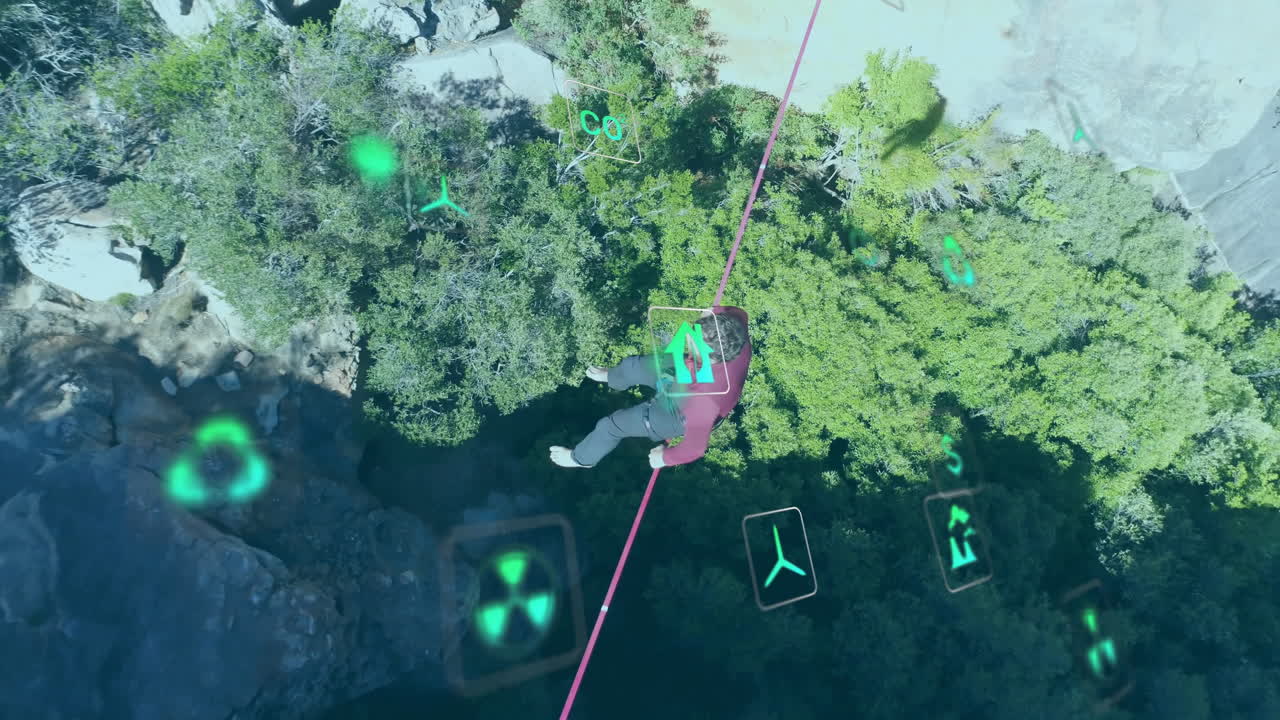 Balancing on tightrope, person with animation symbols floating in forest scene