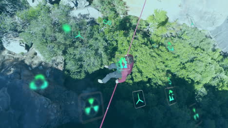 balancing on tightrope, person with animation symbols floating in forest scene