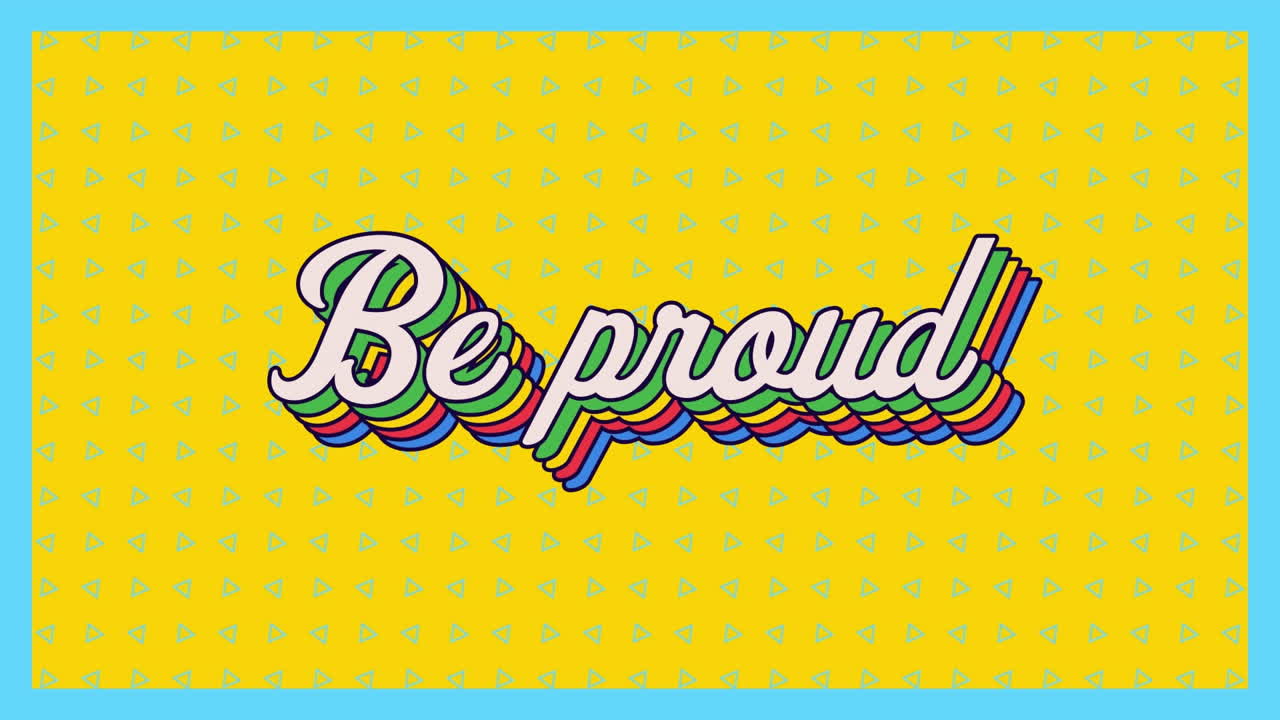 노란색 배경에서 움직이는 초록색 모양 위에 자랑스러운 텍스트의 애니메이션