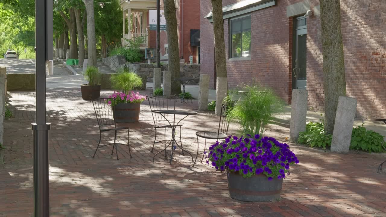 Inquadratura statica di un piccolo patio in mattoni a Dover, NH, USA. C'è un piccolo uccello nero a terra e fiori viola in una fioriera accanto ai tavoli.
