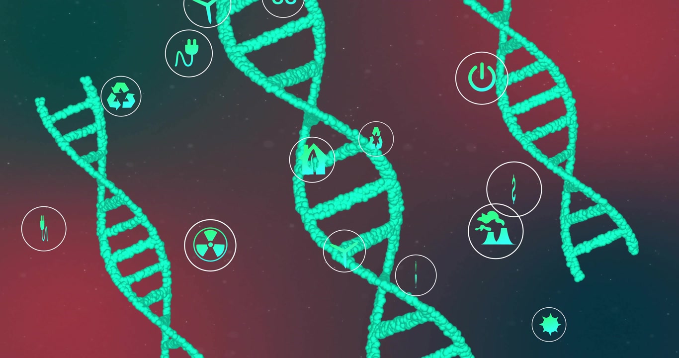 Particles forming at edges sparking helices emerging and growing, icons orbiting and marking links