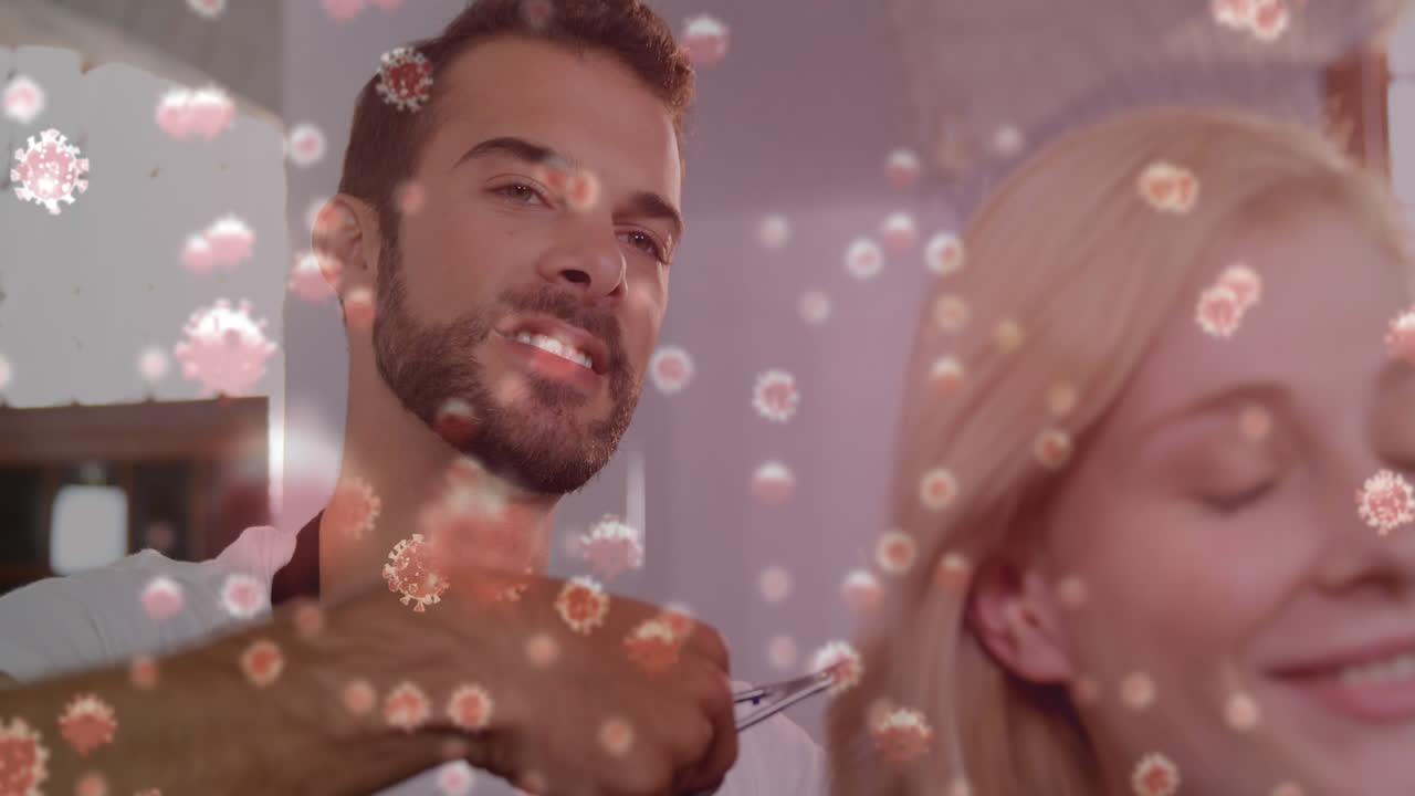 코로나19 세포는 미용실에서 털을 자르는 이발사에 대항합니다.