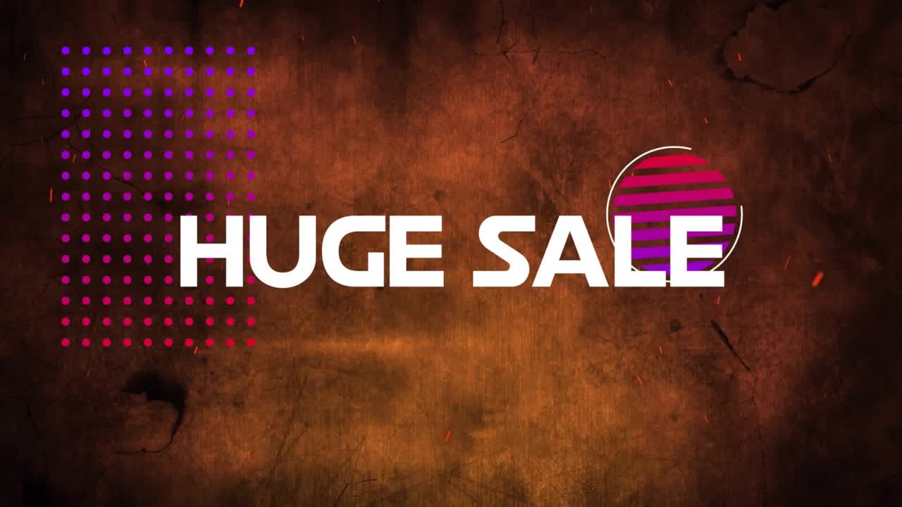 Letters glitching, circle shifting, text forming HUGE SALE, embers flickering to announce promotion