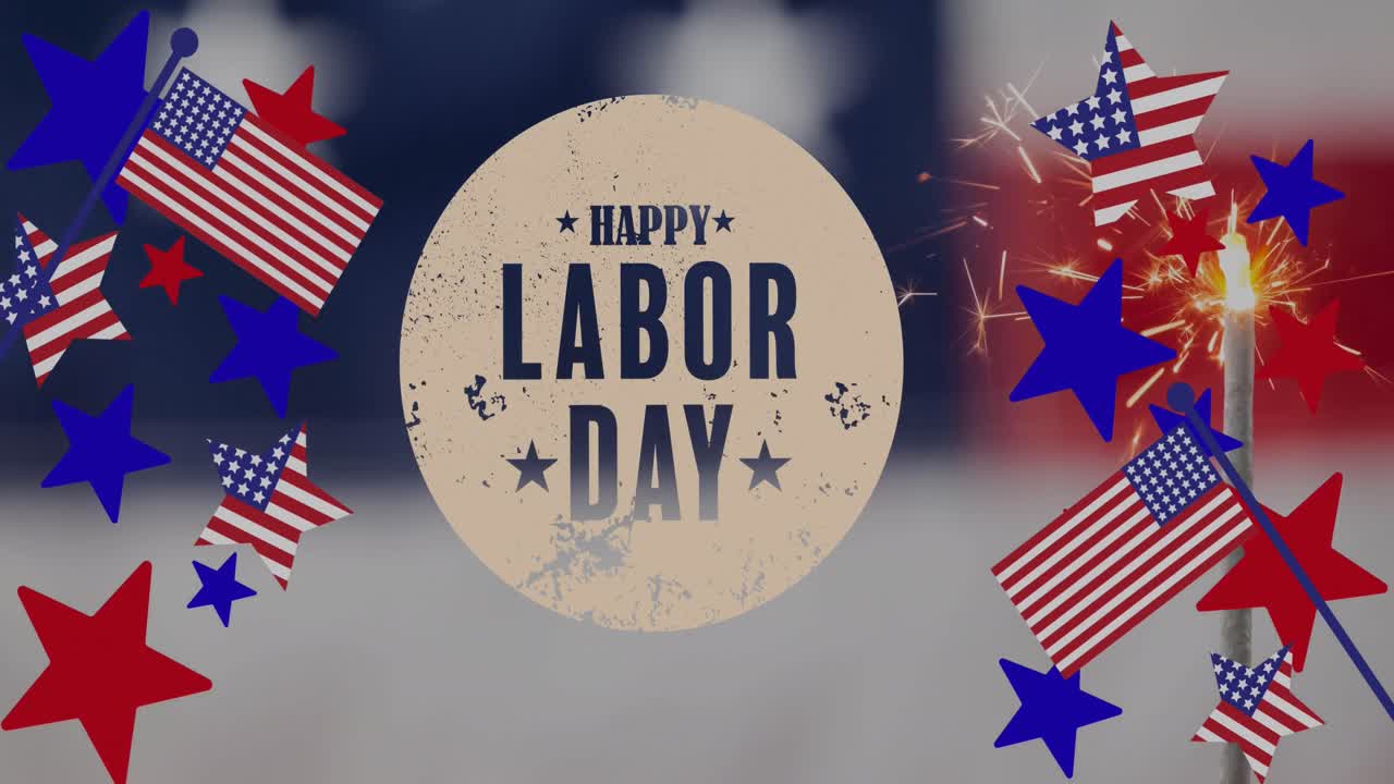 Animation du texte "Labor Day" sur des étoiles et un drapeau américain