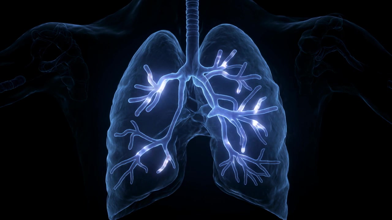 Animazione: polmoni trasparenti con luci pulsanti che si muovono dalla trachea ai bronchioli, contesto medico.