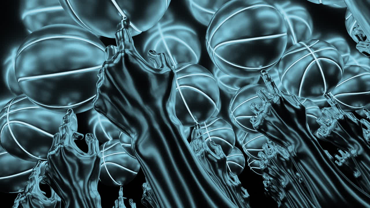 많은 손들이 반이는 농구를 잡고 있습니다.