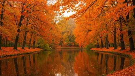 Serene Autumn Reflection: A Tranquil View of Lush Orange Foliage Surrounding a Peaceful Lake Amidst Fall Colors Captured in Blissful Harmony