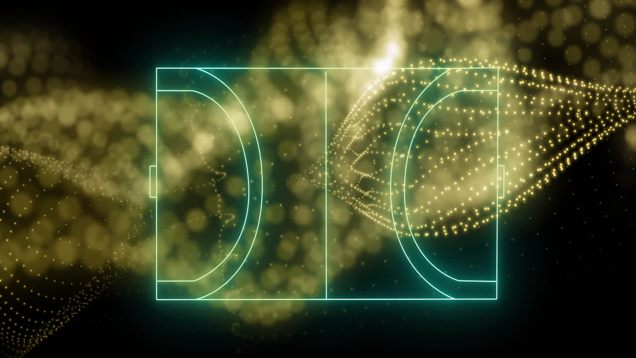 Animation of glowing network of connections over sports field on black background