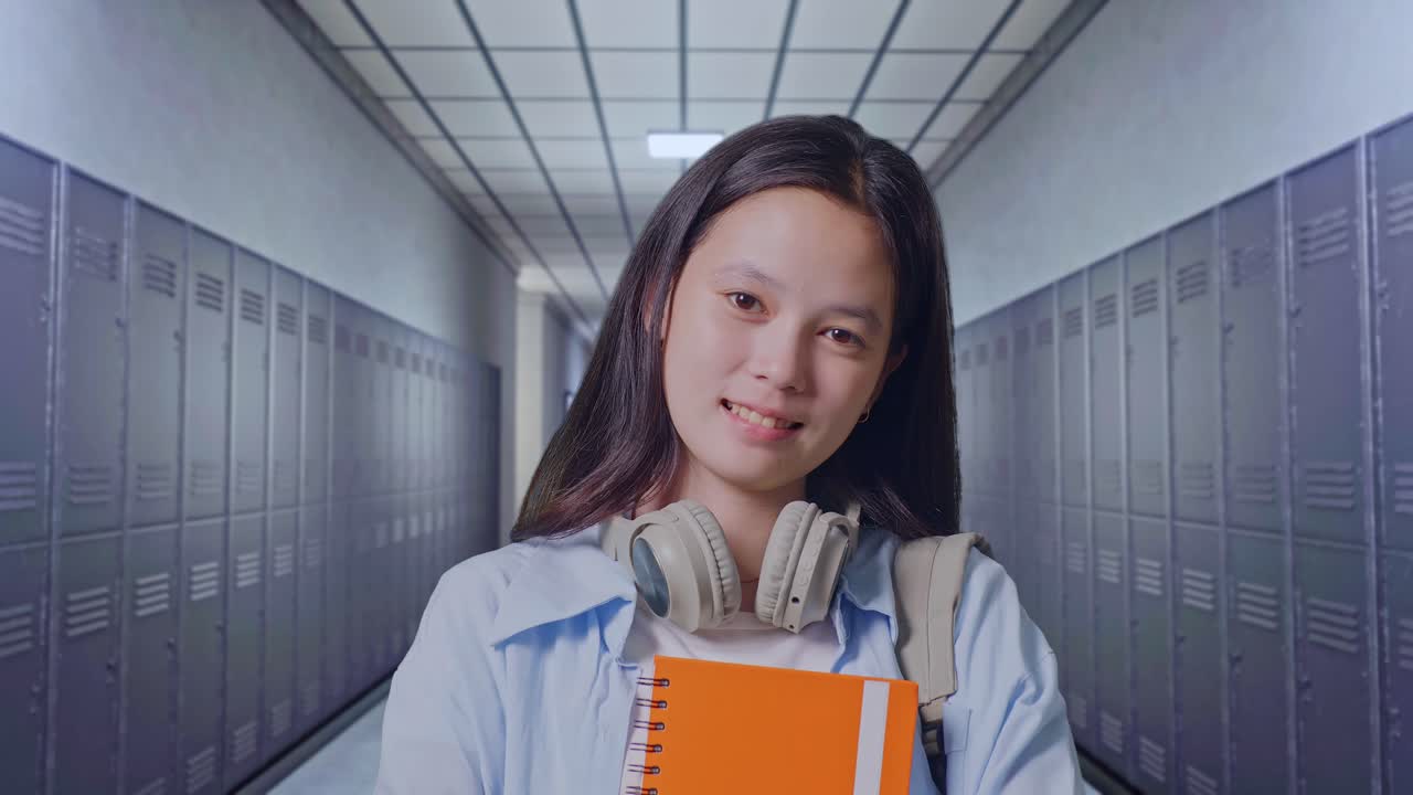 close up de una estudiante adolescente asiática con una mochila sosteniendo algunos libros y sonriendo a la cámara mientras está de pie en el pasillo