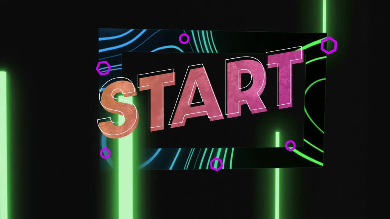 START text animation over neon green and blue geometric shapes