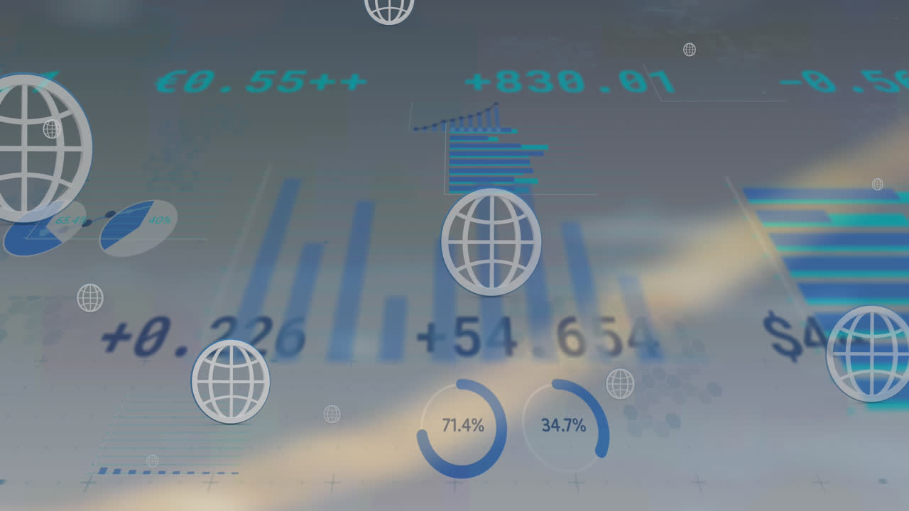Animazione di icone multiple del globo web che fluttuano su elaborazione dati statistici su sfondo grigio