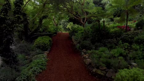 Vuela-Entre-Los-árboles-Sobre-Un-Sendero-Cubierto-Y-Jardines-Botánicos-Cerca-De-Los-Establos-De-Caballos-De-Malibú.