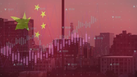 animation of flag of china and data processing over cityscape