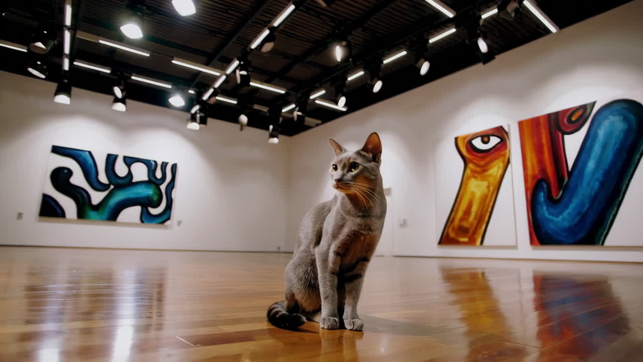 Gatto in una galleria d'arte moderna
