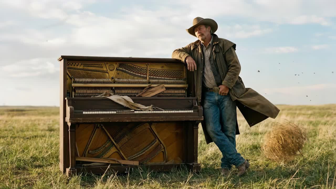 Cowboy con un vecchio pianoforte in un campo