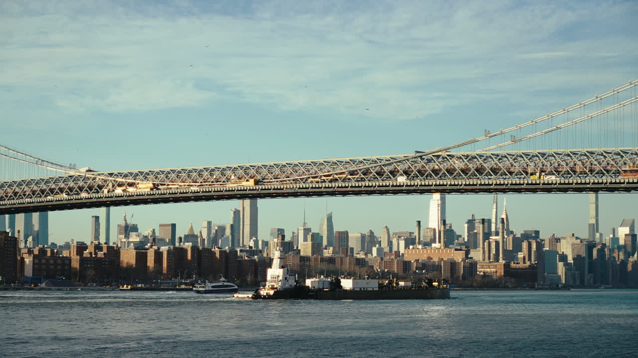 New York City Skyline View from the Waterfront with Bridge