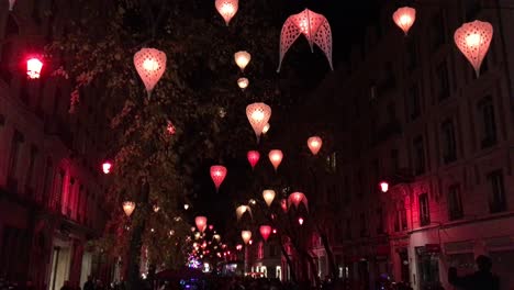 blossom lanterns above a central street of lyon during the light festival