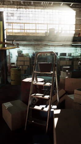 a warehouse interior with a ladder and boxes