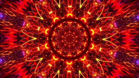 4k fractal animation. kaleidoscope flicker. abstract shining mandala loop. digital animation of a looping bright red yellow orange colors mix fractal shape dancing fiery creative vj loop background .