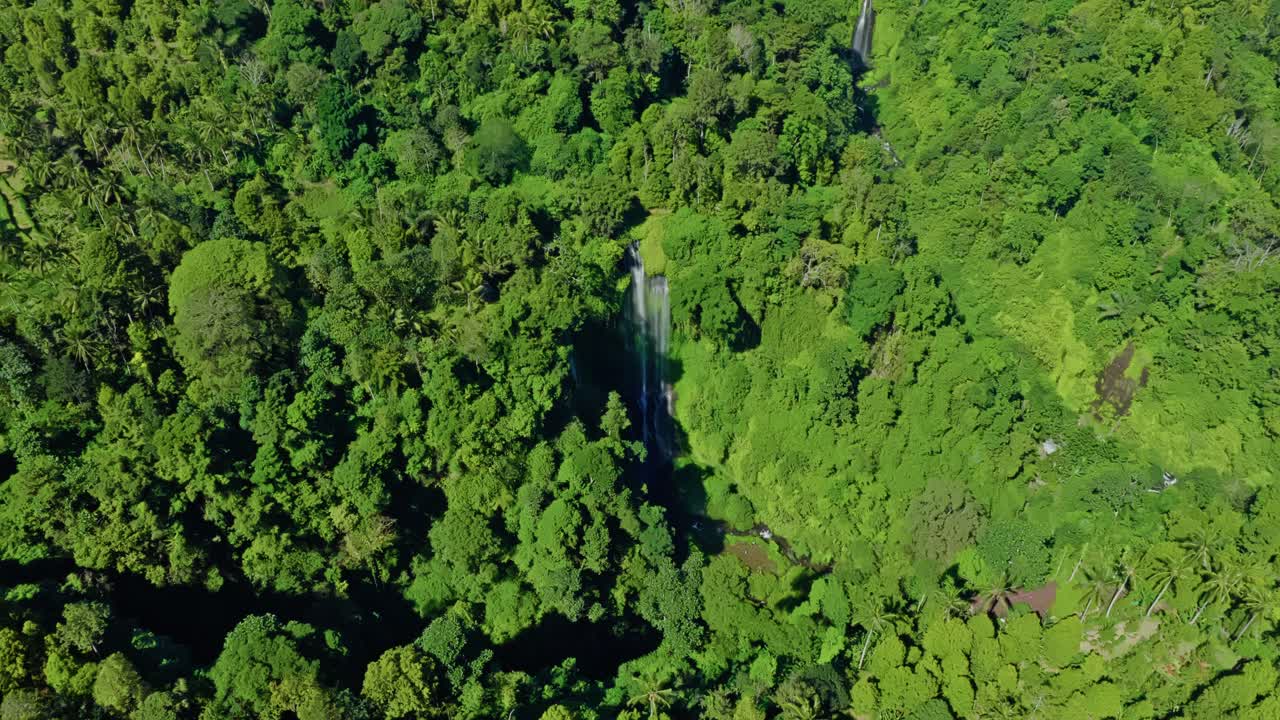 High wide angle aerial view, twin waterfalls hidden natural gems, Bali