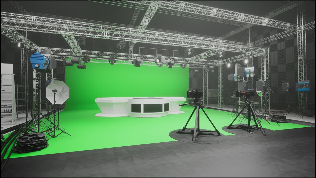 Broadcast With Green Screen. Virtual Studio With Green Screen