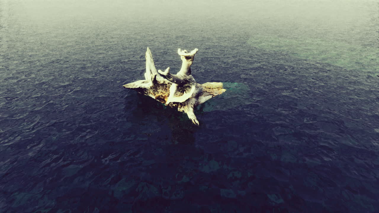 Mysterious sculpture rises from calm waters in serene coastal landscape