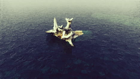mysterious sculpture rises from calm waters in serene coastal landscape