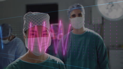 animación de datos de signos vitales médicos sobre diversas mujeres y hombres cirujanos en el teatro