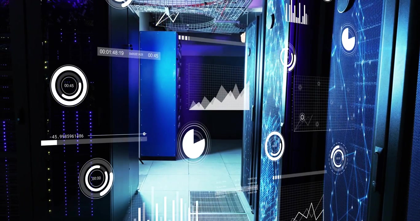 On system poll server aisle showing HUD overlays gauges filling graphs rising showing data flow