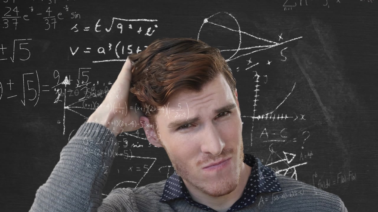 Animation of mathematical equations over santa claus at and over stressed caucasian businessman