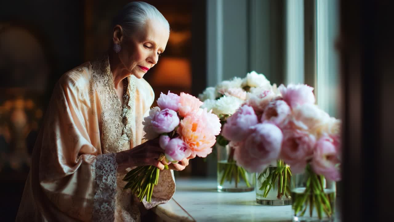 An elderly woman delicately arranges beautiful peonies in vases at a window, showcasing a serene moment filled with grace and appreciation for the beauty of flowers and nature