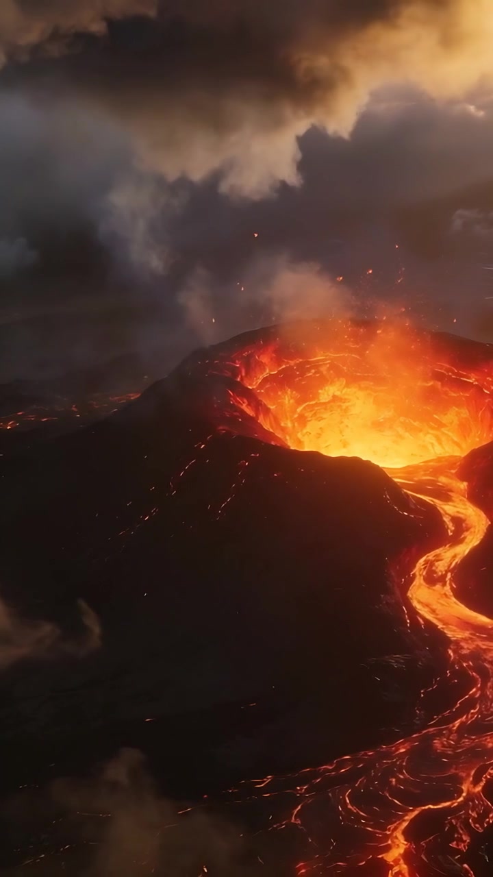 Vertical video: Erupting summit crater pulsing lava lake, feeding channel and sending ash plumes