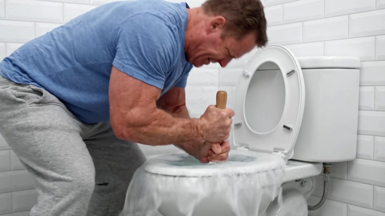 A Man Using a Plunger to Unclog a Toilet: Step-by-Step Process of Clearing a Clogged Toilet with Precision and Care for Effective Home Maintenance