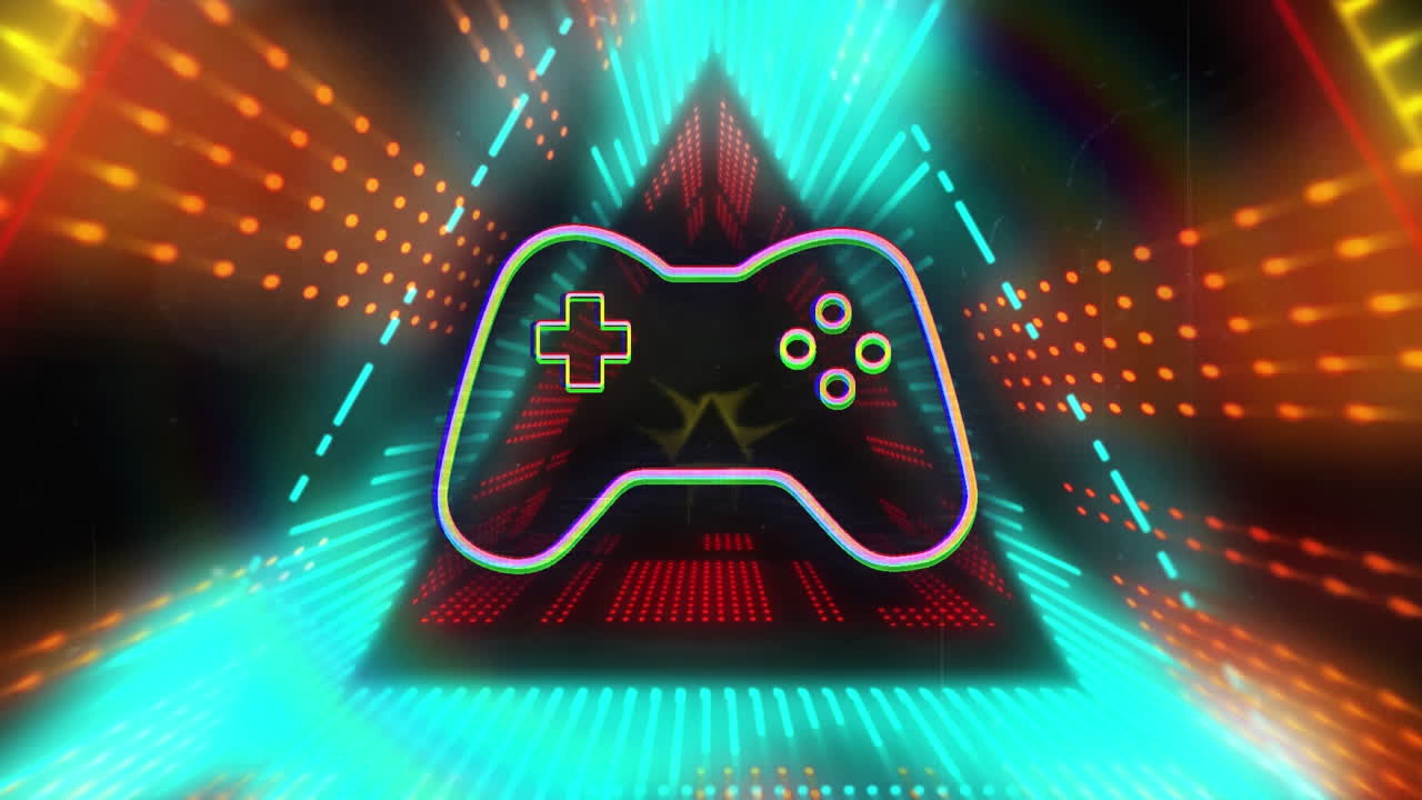 Animation of neon video game pad over glowing neon tunnel