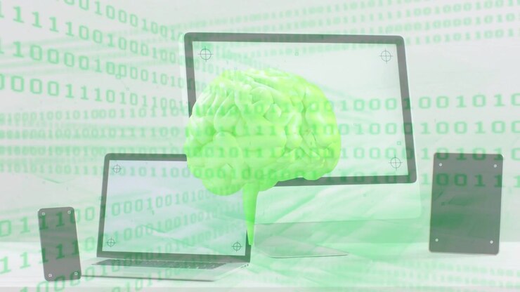 On binary sweep, green brain rotating and drifting right before devices, showing data flow