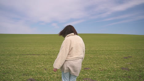 美しいブルネットの少女が緑の牧草地を歩く 1