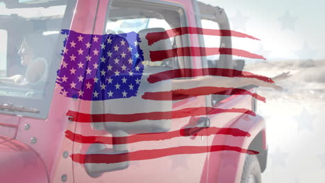 animation of flag of usa over happy diverse women in car by beach in summer