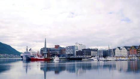 View-of-a-marina-in-Tromso,-North-Norway