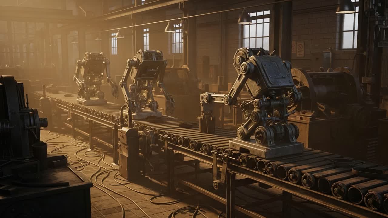 An Industrial Automation Scene Showcasing Robotic Arms on a Conveyor Belt in a Warehouse Environment, Highlighting Advanced Manufacturing Technologies and Assembly Processes